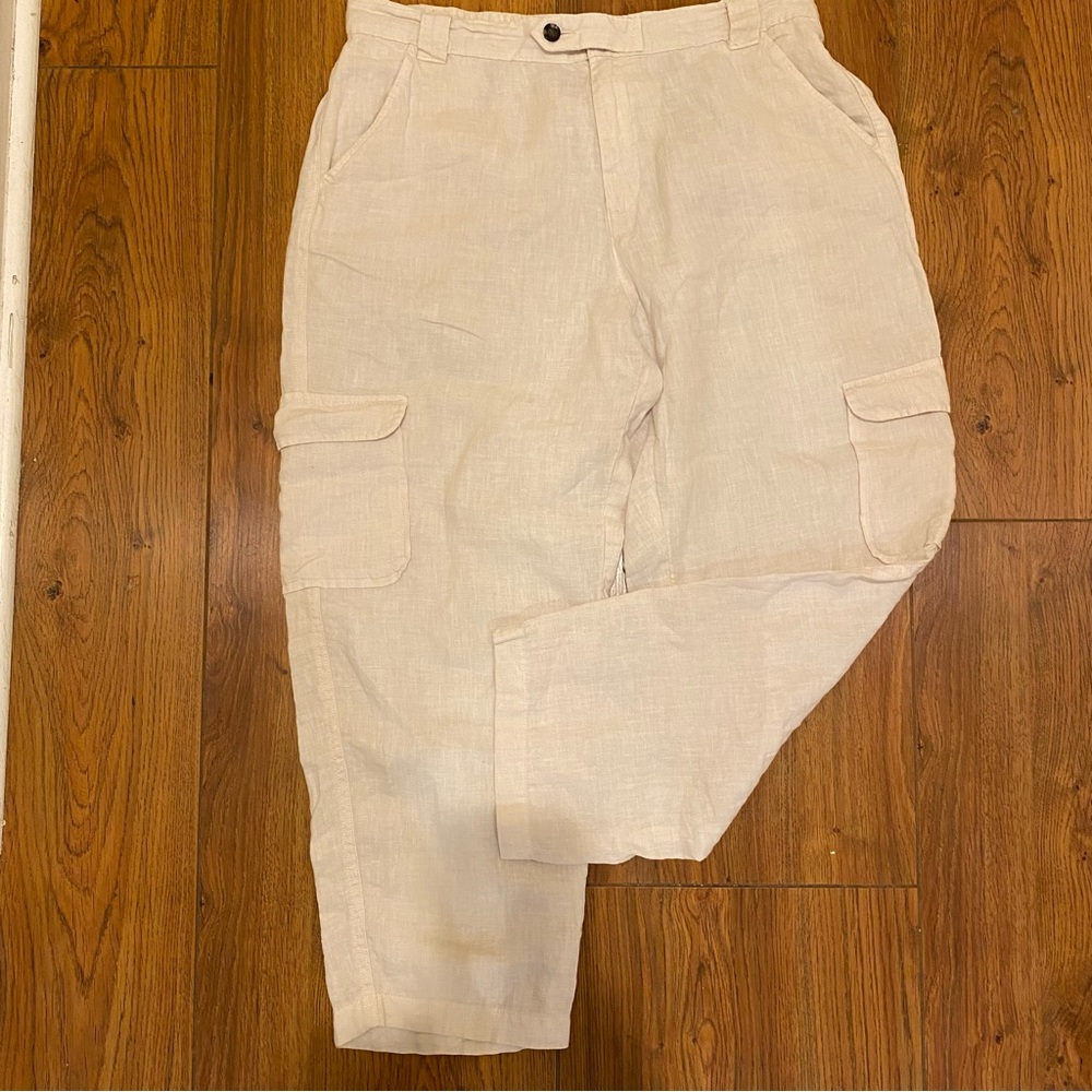 Rachel Roy 100% Linen Cargo Pants L Side Pockets Beige Elastic Waist Travel Boho